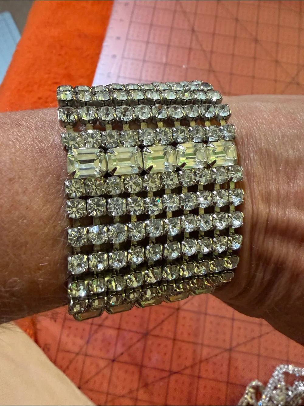 Vintage Rhinestone Wide Cuff Bracelet Clear Crystal Emerald Cut Safety Chain